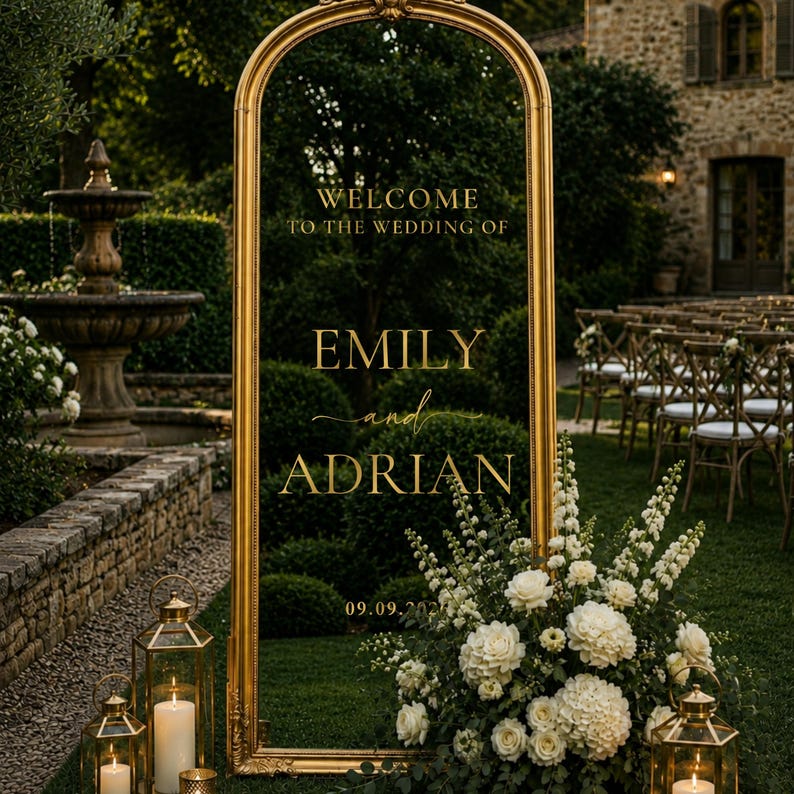 May include: A tall, arched, gold-framed mirror sign featuring the text "WELCOME TO THE WEDDING OF EMILY and ADRIAN 09.09.202X" in gold lettering. The mirror is decorated with a large arrangement of white flowers and two gold lanterns with candles.
