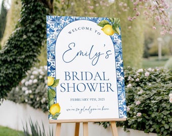 Mediterranean Lemon Bridal Shower Welcome Sign, Spring Lemon Bridal Shower, Italian Blue Tile Sign, Canva Editable Template, Printable Sign