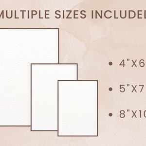 May include: Image featuring three rectangular frames of varying sizes, with the text "MULTIPLE SIZES INCLUDED." The sizes listed are 4"x6", 5"x7", and 8"x10". The background has a soft, neutral color.