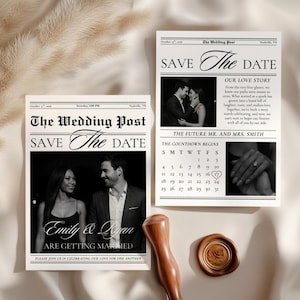 May include: Wedding announcement cards styled as newspaper pages. The headline reads "The Wedding Post" and "Save the Date." Black and white photos of the couple are featured. A wooden stamp and a wax seal with a rose design are also visible.