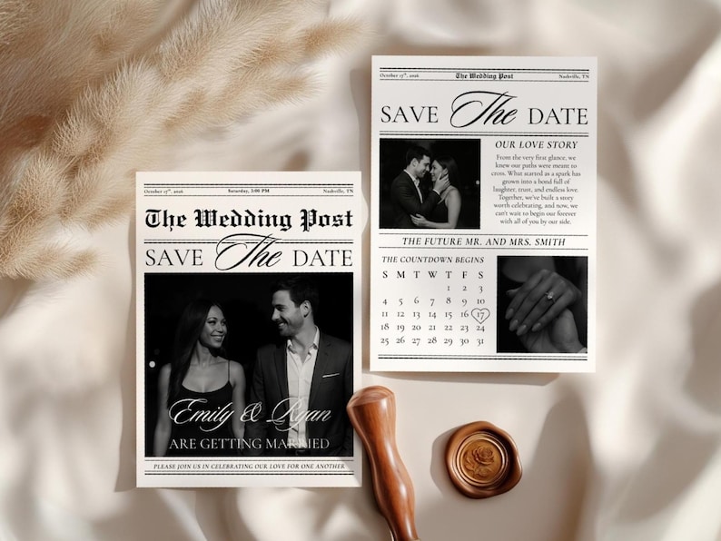 May include: Wedding announcement cards styled as newspaper pages. The headline reads "The Wedding Post" and "Save the Date." Black and white photos of the couple are featured. A wooden stamp and a wax seal with a rose design are also visible.