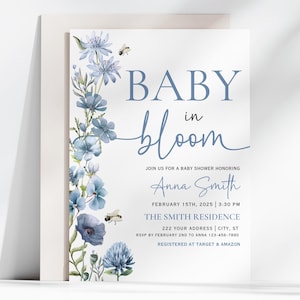 Baby In Bloom Baby Shower Invitation, Blue Floral Baby Shower, Spring Baby Shower, Digital & Printable Baby Shower Invite, Canva Template
