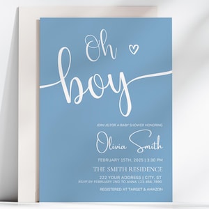 Blue Oh Boy Baby Shower Invitation, Boy Minimalist Baby Shower Invite, Editable & Printable Baby Shower Invitation, Canva Template