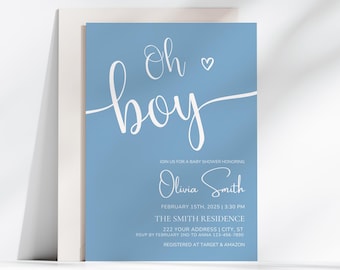 Blue Oh Boy Baby Shower Invitation, Boy Minimalist Baby Shower Invite, Editable & Printable Baby Shower Invitation, Canva Template