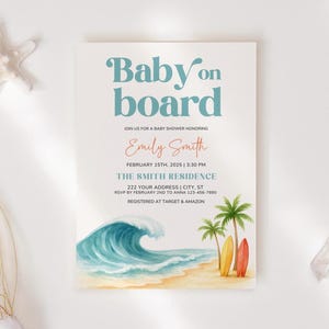 Baby on Board Baby Shower Invitation, Surf Beach Baby Shower 5x7 Invite, Surfboard Baby Shower Invitation, Canva Template, Printable Invite