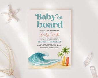 Invitación para baby shower "Bebé a bordo", invitación para baby shower de playa surfera (5x7), invitación para baby shower de tabla de surf, plantilla de Canva, invitación imprimible