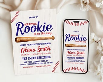 Invitation baby shower de baseball : petite recrue, thème du sport, modèle de toile modifiable