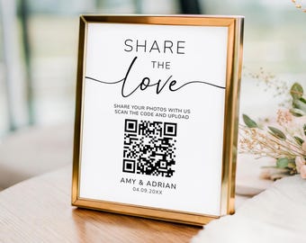 Share The Love QR Code Sign, Wedding Photo Share Sign, Photo Guestbook Sign, Scannable Photo Sharing, Editable & Printable Canva Template