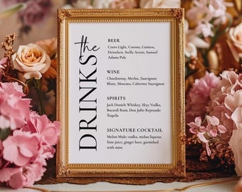 Minimalistisk drinkmenyskylt, bröllopsbarmenyskylt, cocktailskylt, redigerbar canvasmall, utskrivbar skylt