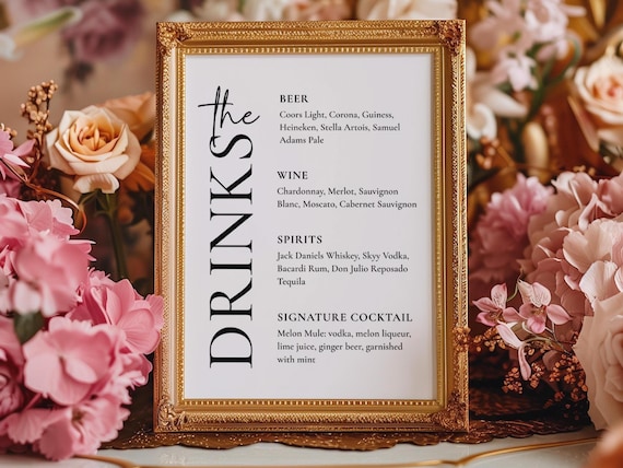 Minimalist Drink Menu Sign, Wedding Bar Menu Sign, Cocktail Sign, Editable Canva Template, Printable Sign