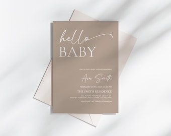 May include: A baby shower invitation with the words "hello BABY" in white script and block letters. The invitation is a light brown color and includes details such as the date, time, location, and the name "Ava Smith".