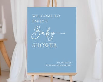 Baby Shower Welcome Sign, Minimalist Blue Baby Shower Decor, Editable Canva Template, Printable Sign