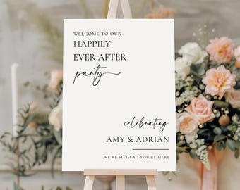 Happily Ever After Party Welcome Sign, Minimalist Wedding Welcome Poster, Reception Signage, Canva Template, Printable Sign