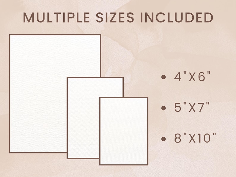 K&ouml;nnte beinhalten: Das Bild zeigt drei rechteckige Rahmen in verschiedenen Gr&ouml;&szlig;en mit dem Text "MULTIPLE SIZES INCLUDED". Die Gr&ouml;&szlig;en sind als 10cm x 15cm, 13cm x 18cm und 20cm x 25cm angegeben. Der Hintergrund hat eine weiche, neutrale Farbe.