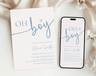 May include: A baby shower invitation and a phone mockup with the text "OH boy" in blue script. The invitation includes details like the honoree's name, date, time, and location. The phone displays the same design.