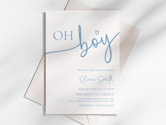 Oh Boy Baby Shower Invitation, Boy Minimalist Baby Shower Invite, Editable & Printable Baby Shower Invitation, Canva Template
