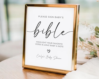 Babybijbelteken, minimalistisch teken voor babyshower Bijbelgastenboek, bewerkbare canvassjabloon, afdrukbaar bord