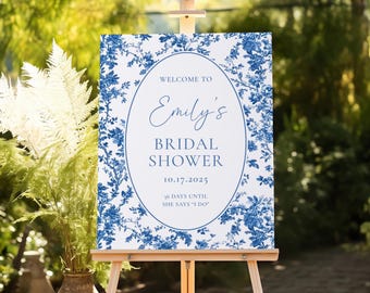 Bridal Shower Welcome Sign, Blue Chinoiserie Toile Bridal Brunch Sign, Editable Canva Template, Printable Sign