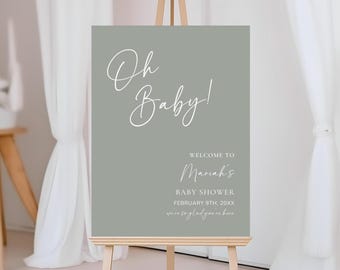 Oh Baby Welcome Sign, Minimalist Sage Green Gender Neutral Baby Shower Welcome Sign, Editable Canva Template, Printable Sign