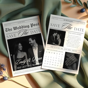 May include: Two wedding announcement cards styled as newspaper pages. The headline reads "The Wedding Post" with "Save The Date" in script. Black and white photos of the couple are featured, with the text "Emily & Logan ARE GETTING MARRIED".