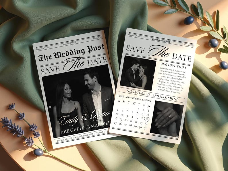 May include: Two wedding announcement cards styled as newspaper pages. The headline reads "The Wedding Post" with "Save The Date" in script. Black and white photos of the couple are featured, with the text "Emily & Logan ARE GETTING MARRIED".