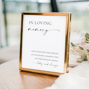 May include: A rectangular gold-toned metal frame containing a white sign with black text that reads: IN LOVING memory, FOR THOSE WHO ARE FOREVER IN OUR HEARTS, SHARING THIS DAY FROM HEAVEN ABOVE. Today and always. The frame has a thin, polished border.
