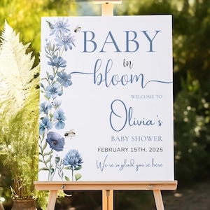 Letrero de bienvenida para baby shower con diseño de Baby In Bloom, baby shower con flores azules, baby shower de primavera, letrero digital e imprimible para baby shower, plantilla Canva
