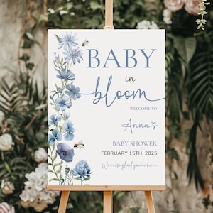 Baby in Bloom-Babyparty-Willkommensschild, Blaue Blumen-Babyparty, Frühlings-Babyparty, digitales & druckbares Babypartyschild, Canva-Vorlage