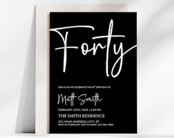 Invitación minimalista para 40 cumpleaños, invitación para él o ella, invitación sencilla para 40 cumpleaños, plantilla de Canva editable e imprimible