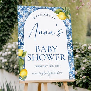 Mediterranean Lemon Baby Shower Welcome Sign, Spring Lemon Baby Shower, Italian Blue Tile Baby Shower, Canva Editable & Printable Template