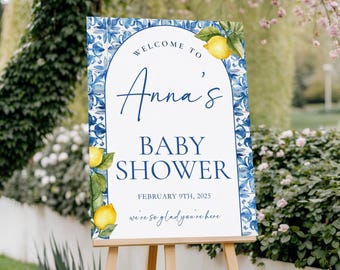 May include: A white sign on a wooden easel with a blue floral border and lemon accents. The sign reads "Welcome to Anna's Baby Shower" with the date February 9th, 2025, and the phrase "we're so glad you're here".