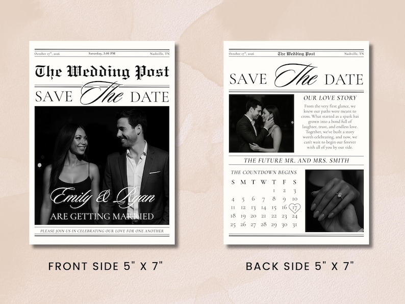 May include: A black and white wedding announcement designed as a newspaper front page. The front side features a couple's photo, names, and the phrase "ARE GETTING MARRIED." The back side includes a photo, a calendar, and a love story. Dimensions: 12.7 cm x 17.8 cm.