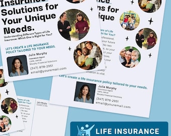May include: A promotional kit for life insurance, featuring a social media post, flyer, and postcard. The design includes the text "Tailored Life Insurance Solutions for Your Unique Needs" and images of diverse families. The kit is labeled "Life Insurance Prospecting Kit."