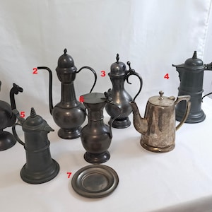 Vintage and Antique Pewter Tableware - Handmade Classic Jugs, Pitchers and Plates. Pewter Pot, Pewter Jug, Pewter Kettle, Pewter Coffee Pot