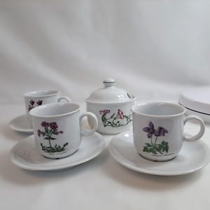 May include: A white porcelain tea set with floral designs. The set includes a sugar bowl with a lid, two teacups, and two saucers.