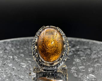Anillo de plata de ley para hombre: Piedra de ámbar otomano, Sura Inshirah