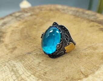 Handgjord 925 Sterling Silver Aquamarine Ring • Boho Etniska Ädelstenssmycken • Unisex Statement Ring