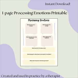 Może przedstawiać: Drukowana karta pracy zatytułowana "Przetwarzanie emocji" z jasnozielonym tłem i jasnofioletowym obramowaniem. Karta pracy jest podzielona na sekcje z pytaniami do refleksji i samorozwoju, np. "Jakie emocje odczuwam?" i "Jaki przekaz muszę sobie przekazać, aby poczuć się lepiej?"