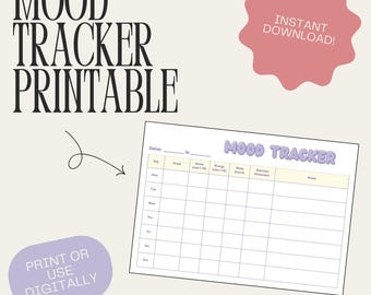May include: Printable mood tracker with a light purple and yellow color scheme. The tracker includes columns for date, mood, sleep, energy, exercise, and notes. The text "MOOD TRACKER" is in a large, bold font with a light purple outline.