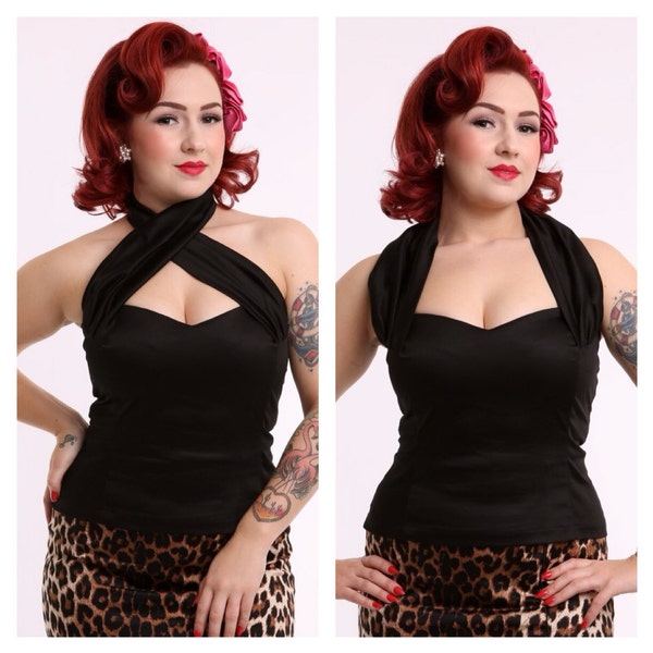 EVITA TOP - Black - Halter or X - Wear it 2 ways - Pinup 50s Vintage Inspired - Powderpuff Boutique