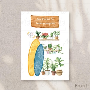 Surfer et planter une carte papa - Merci de m'avoir aidé à grandir - Jolie carte enfant imprimable Téléchargement instantané - Fête des pères et joyeux anniversaire papa