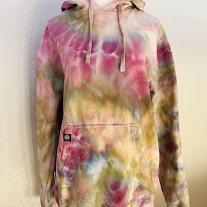 Watercolor Flow: Forest Blush – Hand-Dyed Ice Dye Hoodie in Earthy Pink, Olive, and Sky Tones