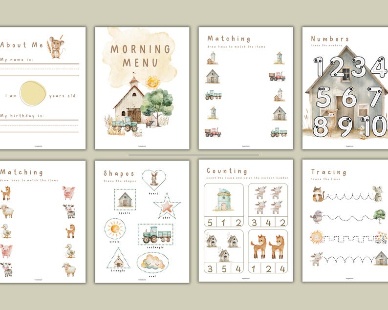 May include: A collection of educational printable pages for children. The pages feature watercolor illustrations and include activities for matching, counting, tracing, and learning shapes and numbers. The "Morning Menu" page is also included.