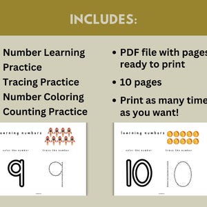 May include: Printable worksheet for learning numbers. The worksheet includes a number to color, a number to trace, and a set of 10 stars. The worksheet is titled "learning numbers".