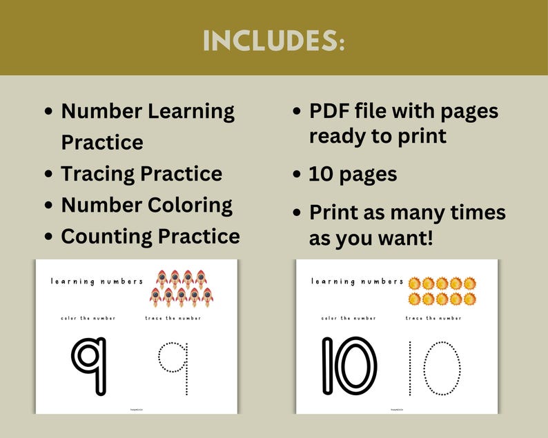 May include: Printable worksheet for learning numbers. The worksheet includes a number to color, a number to trace, and a set of 10 stars. The worksheet is titled "learning numbers".