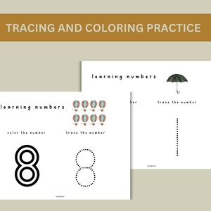 May include: A printable worksheet for learning numbers. The worksheet has a number 8 to color and trace. The worksheet also has a dotted line to trace the number 1. The worksheet has a title "learning numbers" and includes illustrations of hot air balloons.