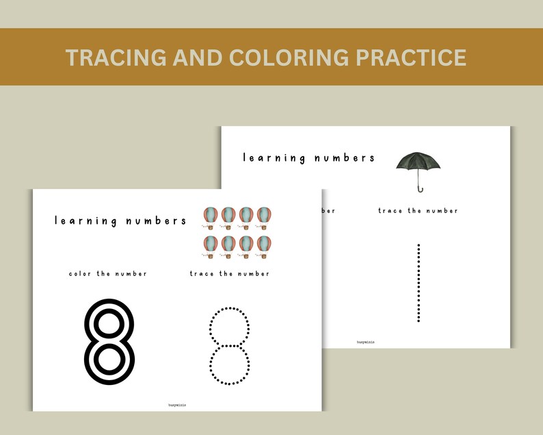 May include: A printable worksheet for learning numbers. The worksheet has a number 8 to color and trace. The worksheet also has a dotted line to trace the number 1. The worksheet has a title "learning numbers" and includes illustrations of hot air balloons.