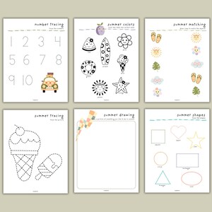 May include: A set of ten printable summer-themed worksheets for kids. The worksheets include activities such as number tracing, color matching, shape tracing, and drawing.