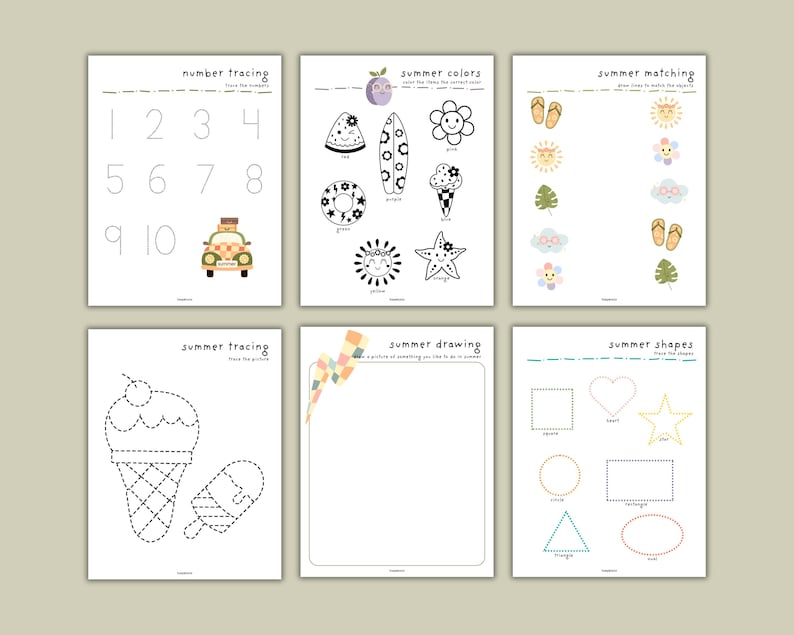 May include: A set of ten printable summer-themed worksheets for kids. The worksheets include activities such as number tracing, color matching, shape tracing, and drawing.