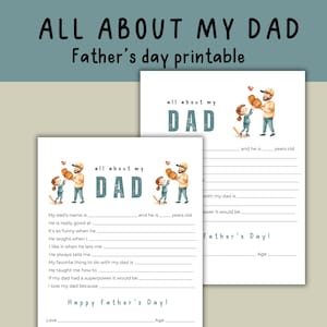 Alles über meinen Vater druckbar, Vatertagsgeschenk von Kind, Vater Fragebogen, füllen Sie die leere Vatertagskarte von Mädchen aus, Geschenk von Tochter